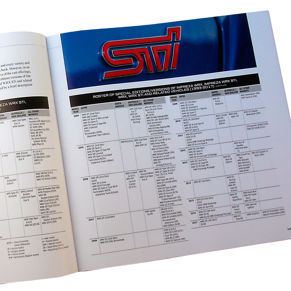 Subaru WRX STi model spec chart from A Quiet Greatness Book Set, JDM Car Guide for Collectors